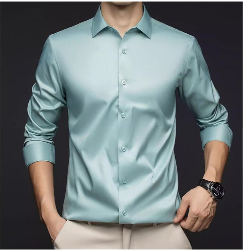 Kemeja Lengan Panjang Pria, Ke - Mens Satin Silk Dress Shirt ulasan dan harga