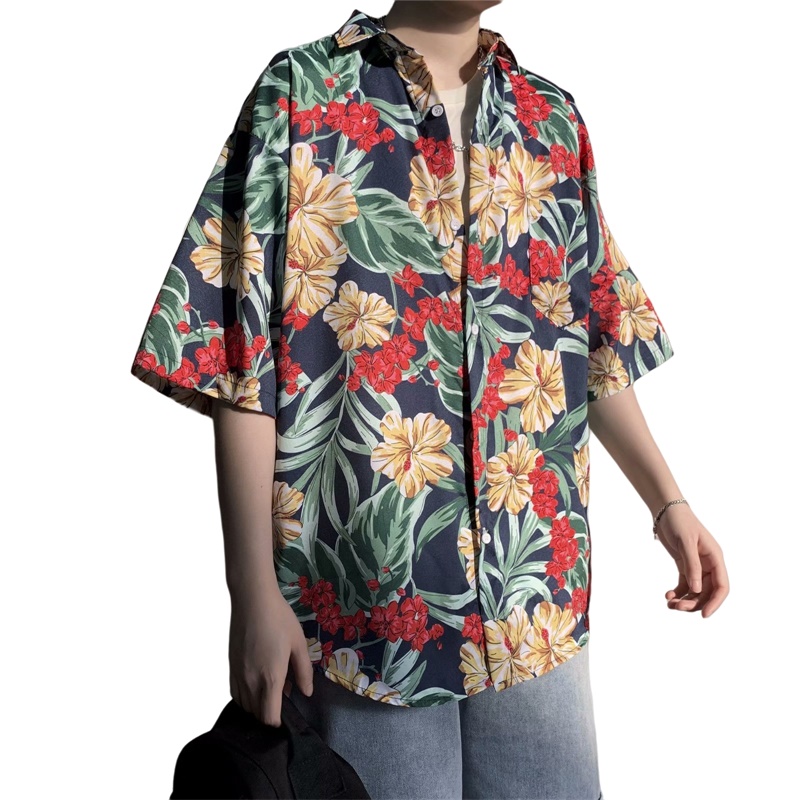 Baju musim panas lengan pendek - Vintage Hawaiian Floral Shirt ulasan dan harga