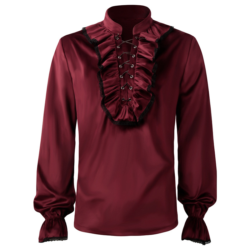 Renda Merah Ruffle Lengan Lent - Medieval Gothic Lace Up Pirate Shirt ulasan dan harga