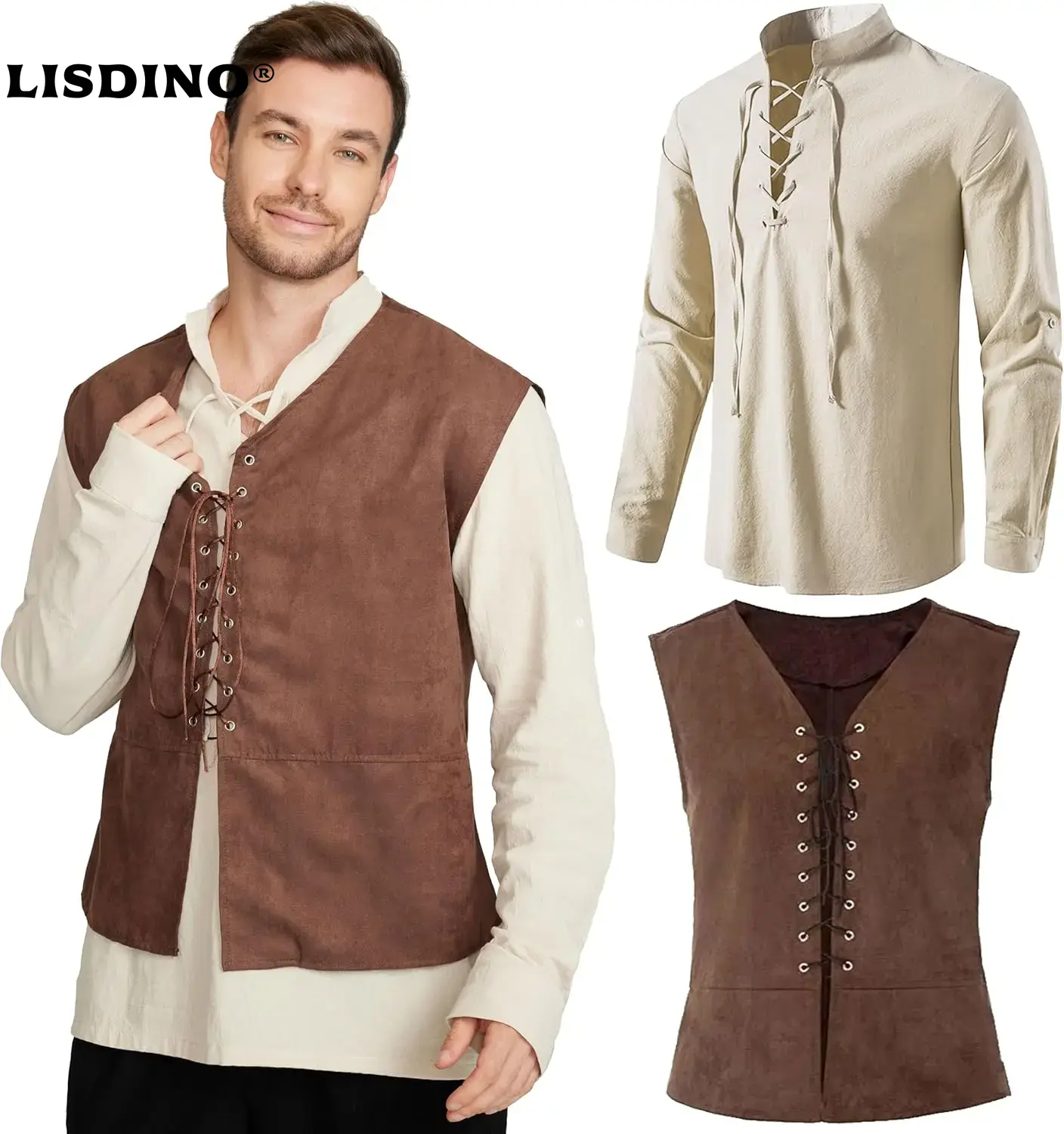 Set 2 potong Rompi Bajak Laut  - Medieval Gothic Lace Up Pirate Shirt ulasan dan harga