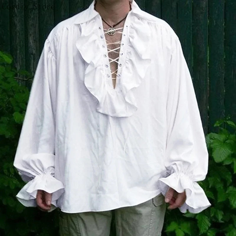 Kostum Halloween Bajak Laut Ab - Medieval Gothic Lace Up Pirate Shirt ulasan dan harga