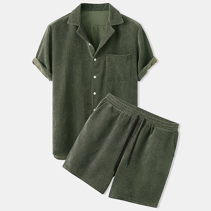 Set Kemeja dan Celana Pendek K - Corduroy Button Up Shirt Men ulasan dan harga