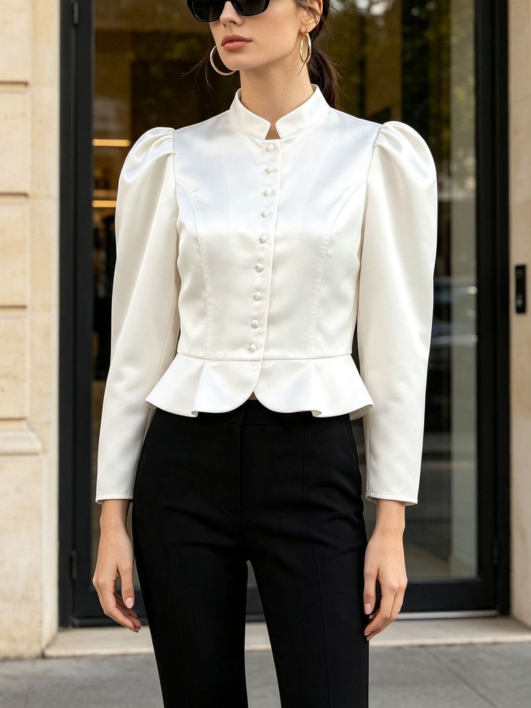 Blus Peplum Lengan Panjang Bah - Mandarin Collar Formal Shirt Slim Fit ulasan dan harga