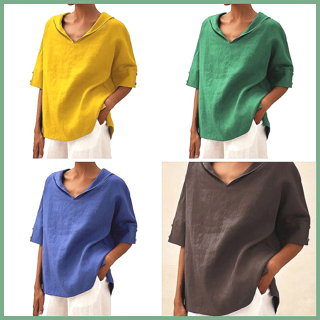Kemeja Linen Katun Kerah V Lon - Shirts ulasan dan harga