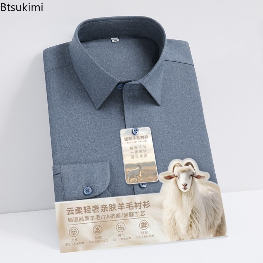 Kemeja Lengan Panjang Wol Moda - Mandarin Collar Formal Shirt Slim Fit ulasan dan harga