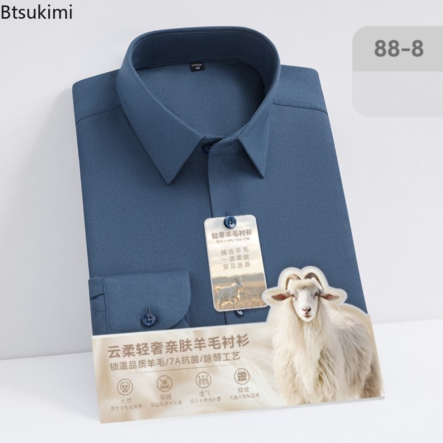 Kemeja Lengan Panjang Wol Moda - Mandarin Collar Formal Shirt Slim Fit ulasan dan harga